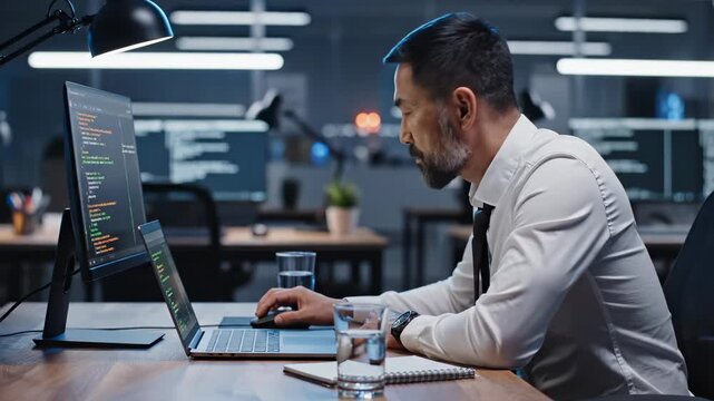 Programmer writes code on laptop in modern office. Man developer coding software at desk. Professional works on computer programming. Developer writes code. Programmer at office workspace.