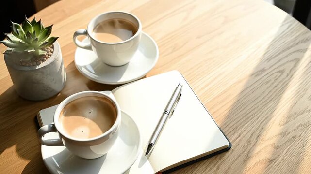 Two cups of steaming coffee and a blank notebook on a wooden table. Morning routine for journaling and planning. Coffee break concept with copy space