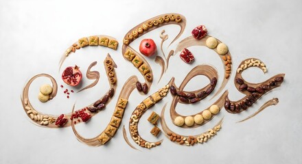 Arabic Calligraphy Art Created with Pomegranate Seeds and Nuts on Clean White Surface