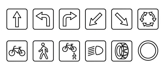 Collection of black line art icons for traffic signs and vehicle indicators in a minimalist vector style, including directional arrows, pedestrian, and bicycle symbols