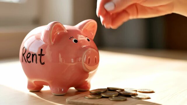 Hand putting coins in a piggy bank with the word rent. Saving money for housing expenses. Budgeting and financial planning concept