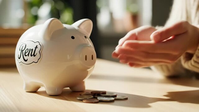 Person saving money for rent in a white piggy bank. Close-up of hands pouring coins on a table. Personal finance and budgeting concept