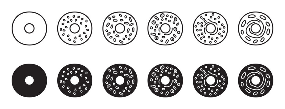 Twelve black and white bagel vector icons with various toppings like sesame seeds, presented in both outline and solid filled glyph styles for food illustration