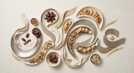 Naklejka premium Fluid Ribbon-Like Arabic Calligraphy with Dates and Sweets on Off-White Surface