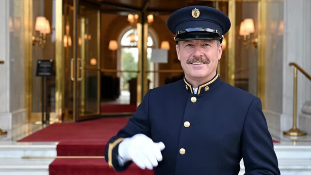 A professional hotel doorman in uniform salutes and smiles. Friendly concierge providing luxury hospitality service at a hotel entrance