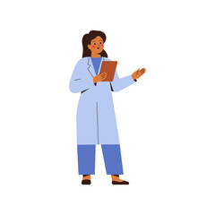 Young female doctor in blue uniform explaining and pointing with her hand. Healthcare worker talking and holding medical card. Flat vector illustration