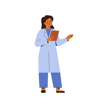 Young female doctor in blue uniform explaining and pointing with her hand. Healthcare worker talking and holding medical card. Flat vector illustration