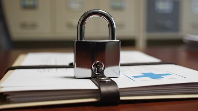 A padlock secures a folder of confidential medical records on a desk. Close-up on a locked file representing data protection and patient privacy. HIPAA compliance and healthcare information security