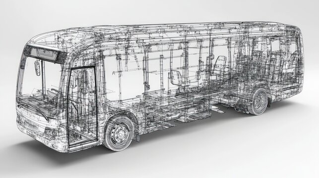 A wireframe model of a bus, showcasing its internal structure and design.