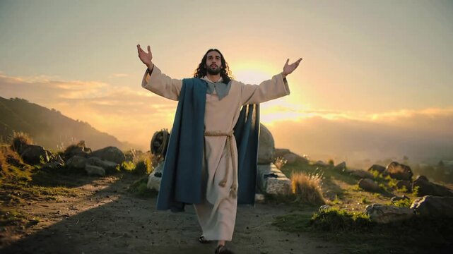 Jesus Christ emerges from his tomb, symbolizing hope and renewal through resurrection new life Easter holiday.