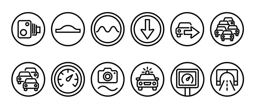 Set of black line icons for traffic and road safety, featuring symbols for speed camera, traffic jam, police car, speedometer, and tunnel in a minimalist circular design