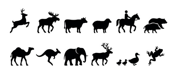Obraz premium Collection of black animal silhouettes featuring a deer, moose, cow, sheep, horse rider, bear, boar, camel, kangaroo, elephant, duck, and frog in a graphic icon set
