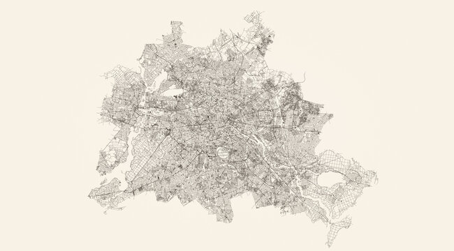 City street and transportation map of Berlin, Germany, in black and light beige. High resolution full frame minimalist poster style road map or urban street plan of Berlin. Vintage look.