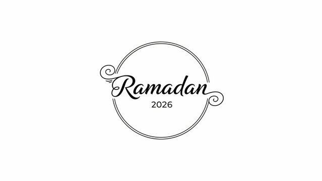 Ramadan 2026 elegant calligraphy illustration in a circular frame with decorative swirls