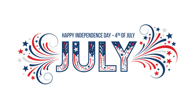 Patriotic 4th of July text illustration with fireworks and stars, for banner or poster, isolated on transparent background, png