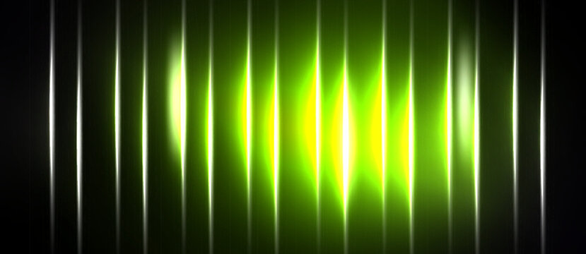 Bright green light streaks radiate from center. Vertical lines frame dark background. Abstract visual effect, glowing intensity.
