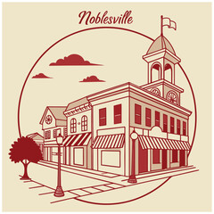 Fototapeta premium Noblesville Indiana Historic Main Street and Clock Tower Scene Illustration