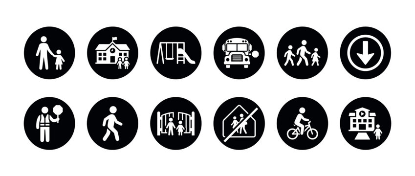 Collection of twelve school safety and education icons featuring children walking, a school bus, a playground, and a crossing guard in a minimal black and white glyph style
