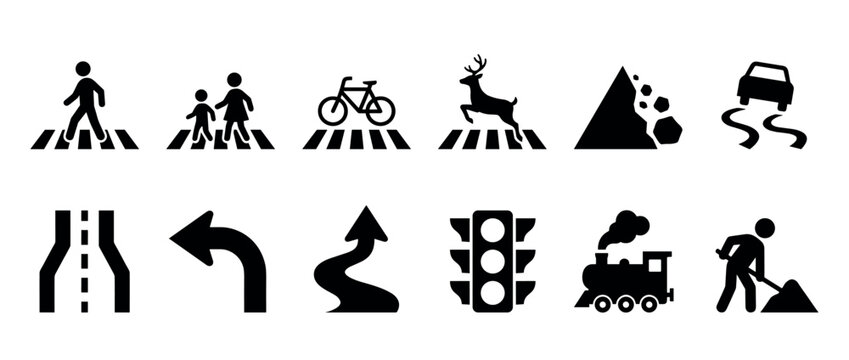 Collection of black traffic sign icons for road safety and warning, including pedestrian crossing, slippery road, and traffic light symbols in a minimalist flat vector style