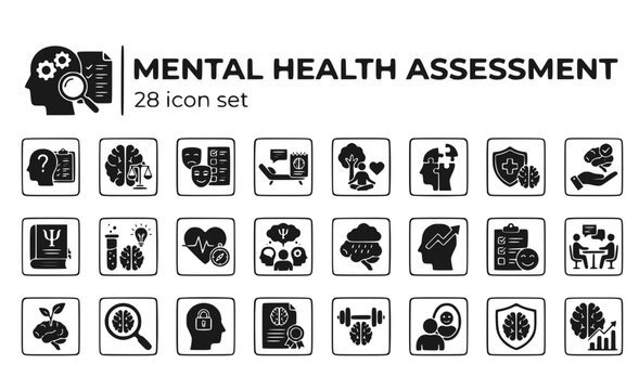 Mental Health Assessment Psychological-Evaluation Mental-Status Behavioral-Screening Psychiatric-Review Wellness-Check Vector Icon Set - Psych Evaluation