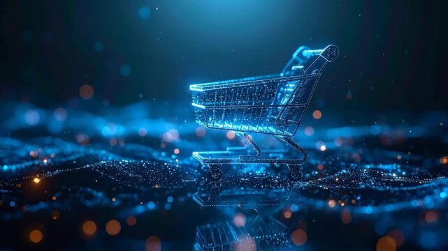 Digital Cart in Cyber Sea: A futuristic rendering of a shopping cart, crafted with luminescent lines, floats gracefully amidst a sea of digital particles, symbolizing the evolution of online retail. 