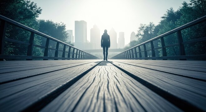 Lone figure walks bridge towards distant city skyline in soft, hazy light