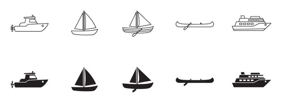 Set of boat and ship icons in two styles, featuring a motorboat, sailboat, canoe, and ferry presented as minimalist line art and solid black silhouettes