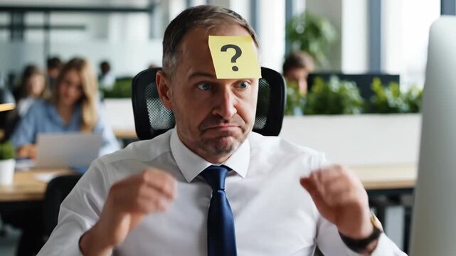 Businessman with a question mark sticky note on his forehead looking confused. Stressed office worker rubbing temples while staring at computer screen. Problem solving and business challenge concept