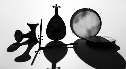 Musical instruments group oud, drum, dumbek, shadows on white surface