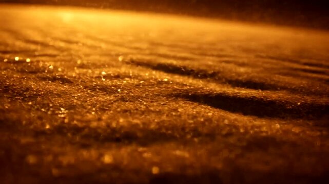 Golden Raindrops on Wet Asphalt at Night Illuminated by Streetlights.