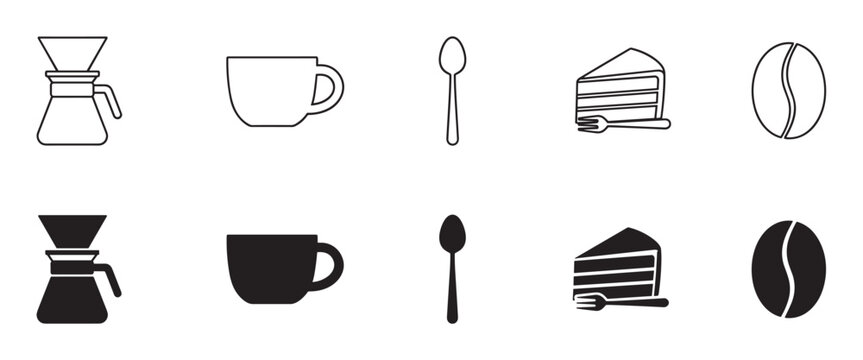 Set of black coffee and dessert icons featuring a pour-over maker, cup, spoon, cake slice, and bean, presented in both thin outline and solid silhouette graphic styles
