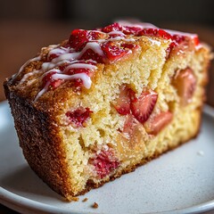 Strawberry pound cake slice with sweet glaze on plate