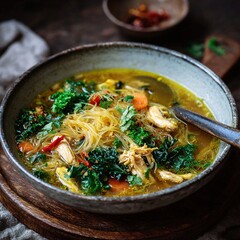 Warm chicken noodle soup with kale and turmeric broth