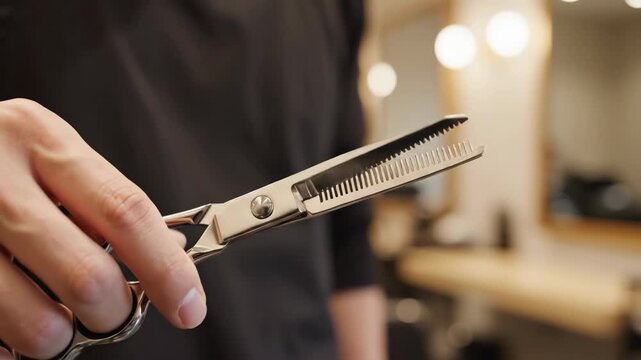 Close-up of a professional's hand holding hair thinning scissors. Hairdresser opening and closing the specialized tool in a salon. Barbering equipment