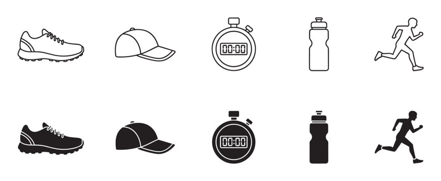 Set of running and fitness icons showing a sneaker, cap, stopwatch, water bottle, and runner in both outline and solid black silhouette styles for athletic concepts