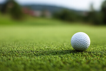 Obraz premium Golf ball resting on green grass putting course