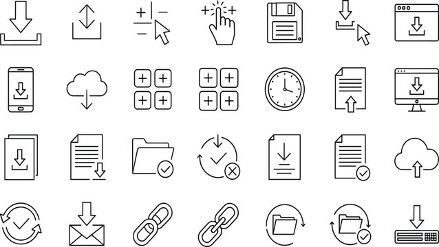 Vector Line Icons of Download and Upload for Web Interface, Cloud Storage, File Transfer, Data Management, and Software Application Projects.