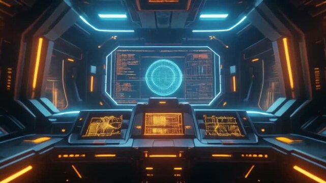 Futuristic spaceship cockpit interior with neon lights and screens, sci-fi concept.