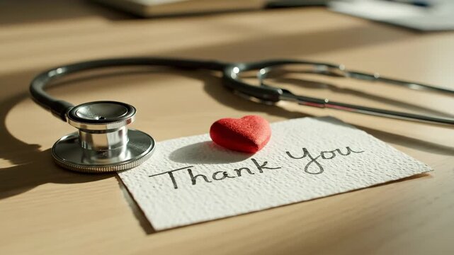 Medical stethoscope on wooden desk with handwritten thank you note and red heart. Gratitude and appreciation concept for healthcare workers and doctors