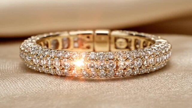 Luxurious gold bangle bracelet featuring rows of shimmering pav&eacute; diamonds on a soft silk background