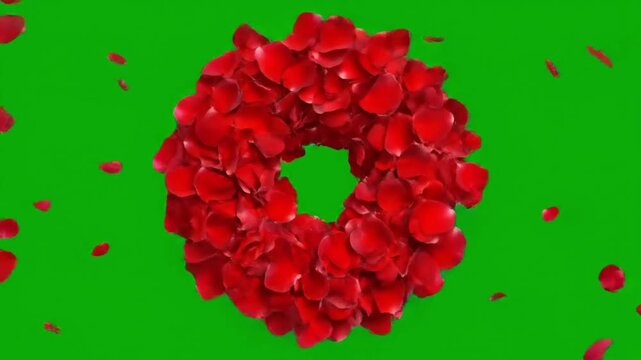Red rose petals swirling in a circular pattern on green screen for chroma key compositing