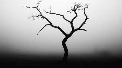 A lone tree in a foggy landscape.