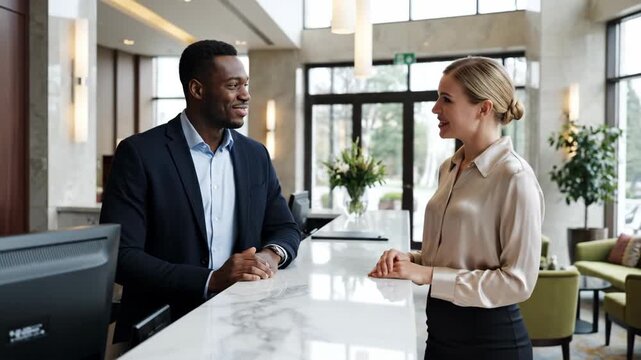 Professional man and woman talking at hotel reception desk. Friendly customer service interaction in a modern lobby. Business hospitality concept