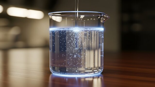Glass beaker containing glowing blue liquid with effervescence under ambient light