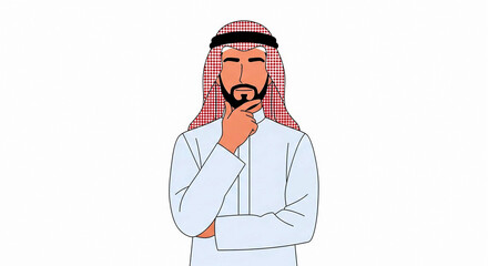 Man in traditional attire contemplating thoughtfully with hand on chin illustration