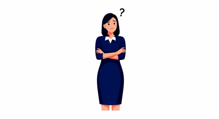 A thoughtful businesswoman stands with crossed arms and a questioning expression, illustration