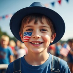 Happy Young Boy with Usa Flag on Face in Festive Crowd