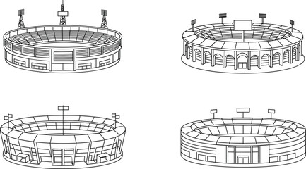 Vector illustration of circular stadium icons, sports arena architecture drawing, modern event venue sketch, football coliseum structure design outline © MstMoslama