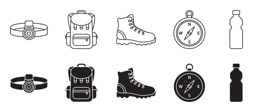 Set of black hiking equipment icons featuring a headlamp, backpack, boot, compass, and water bottle in two distinct styles, line art outline and solid black silhouette glyph