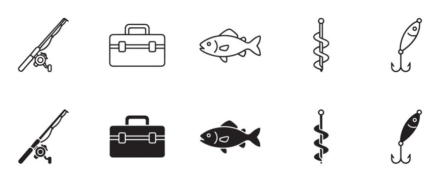 Collection of fishing gear vector icons featuring a spinning rod, tackle case, fish, ice drill, and bait lure in minimalist line art and filled silhouette styles